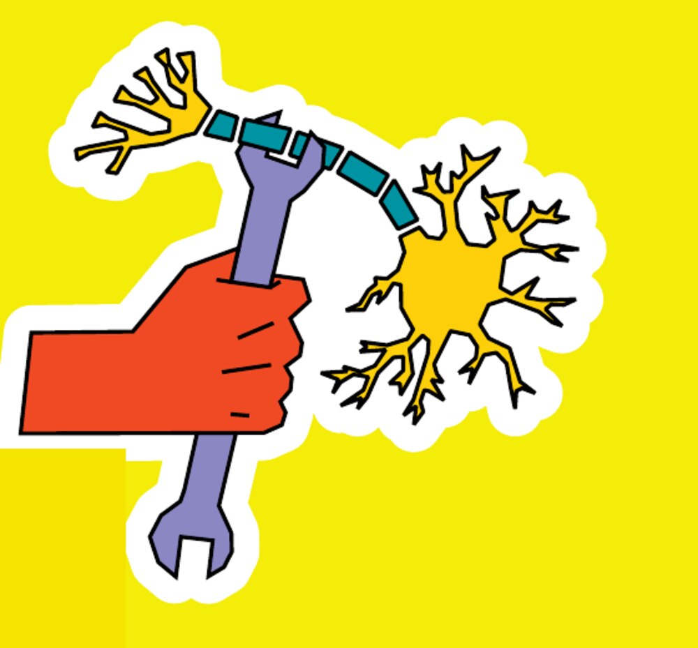 Illustratie uit het boek: een hand met moersleutel aan een zenuwcel