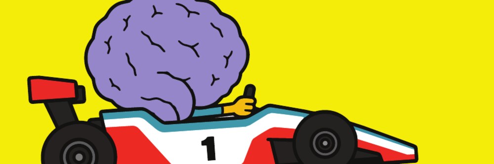 Illustratie uit het boek: een brein in een raceauto